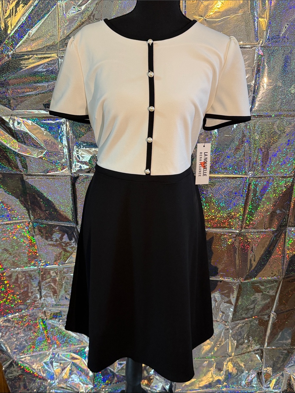 Two-Tone White and Navy Pearl-Button Midi Dress
